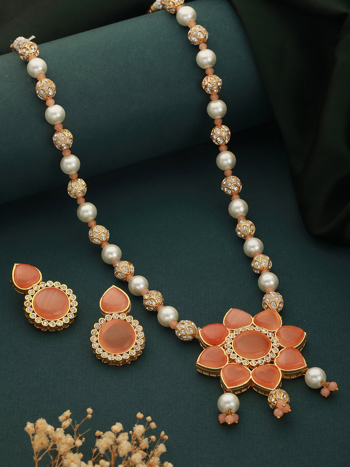 Peach Pearl Studded Flower Gold-Plated Jewellery Set