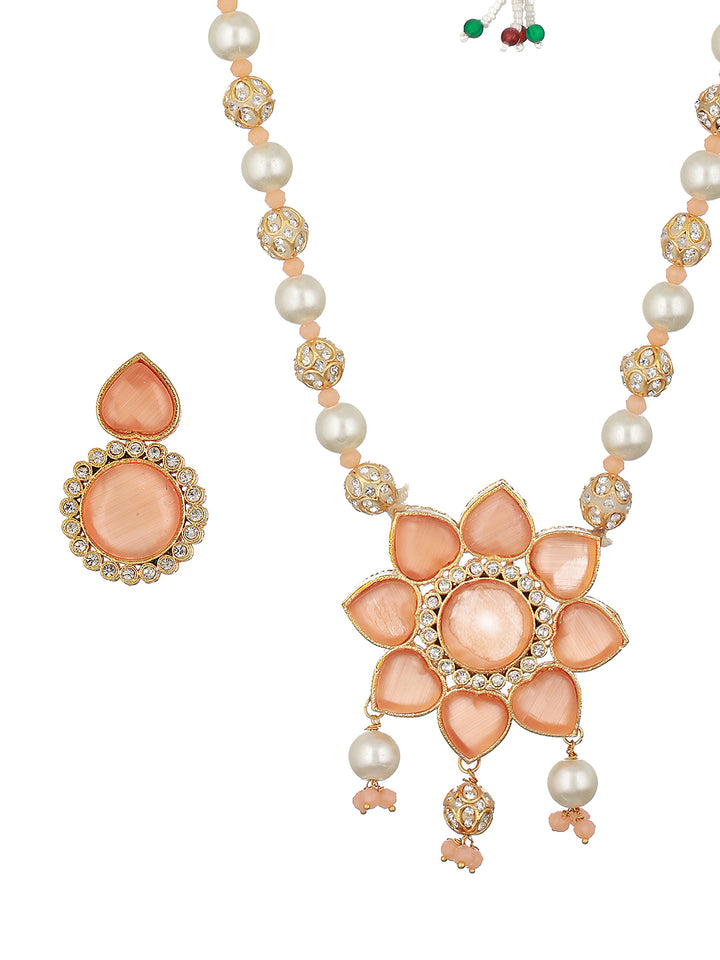 Peach Pearl Studded Flower Gold-Plated Jewellery Set