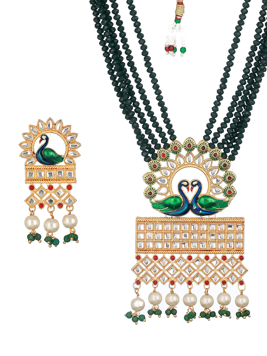 Green Beaded Peacock Pearl Kundan Meenakari Gold-Plated Jewellery Set