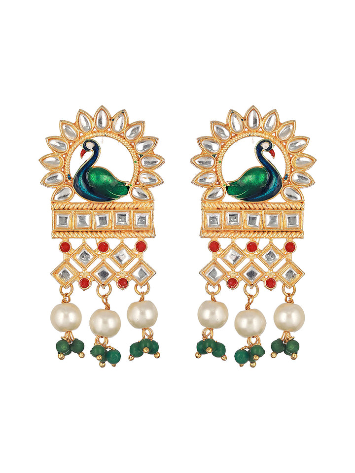 Green Beaded Peacock Pearl Kundan Meenakari Gold-Plated Jewellery Set
