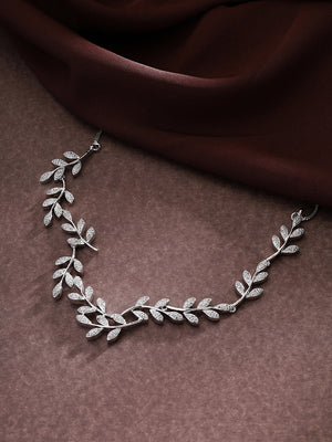 Priyaasi Foliage Elegance: Silver-Plated American Diamond Leaf Design Necklace