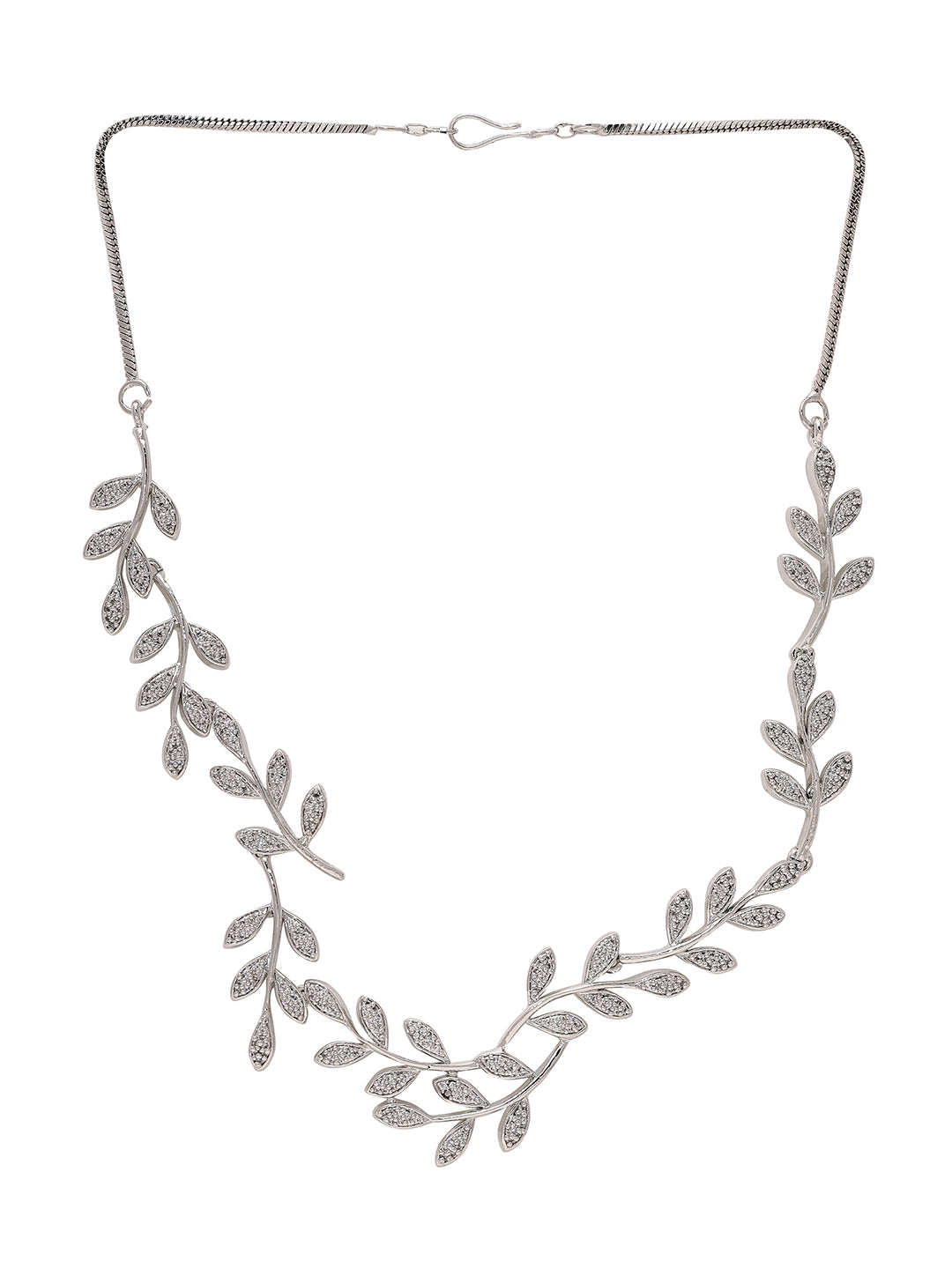 Priyaasi Foliage Elegance: Silver-Plated American Diamond Leaf Design Necklace