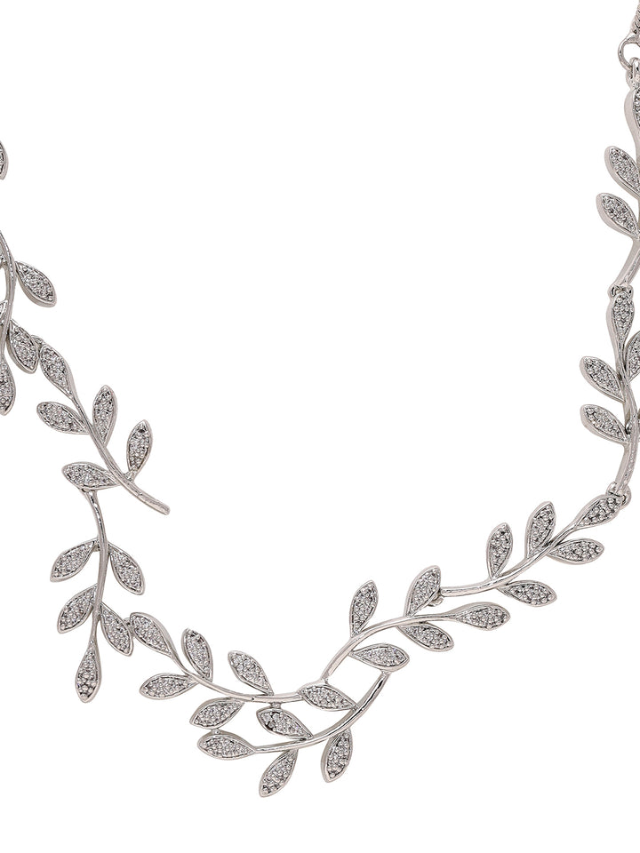 Priyaasi Foliage Elegance: Silver-Plated American Diamond Leaf Design Necklace