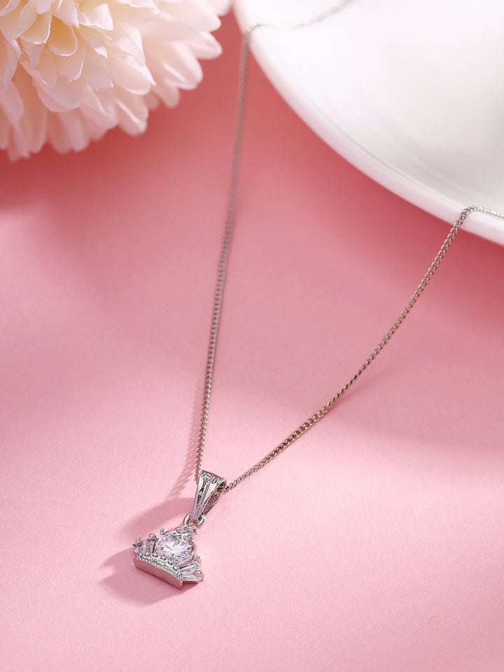 Priyaasi Regal Radiance Silver-Plated Crown Pendant Necklace
