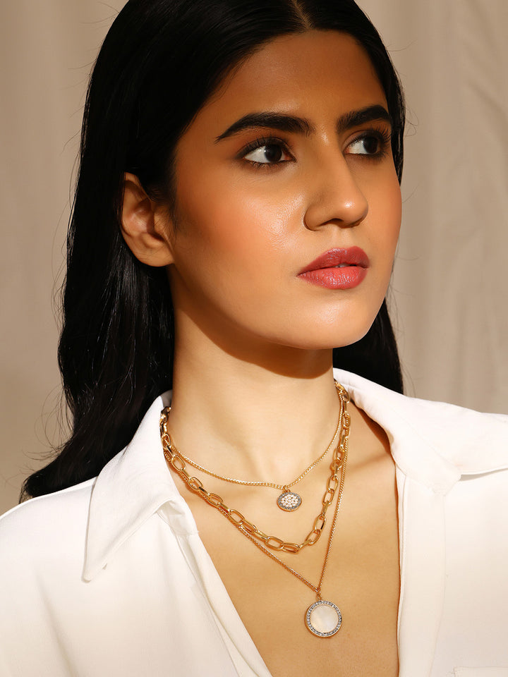 Priyaasi White Stone Three Layered Gold Plated Necklace