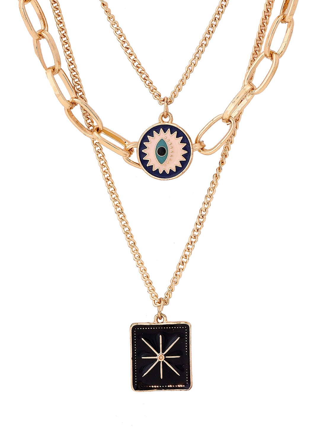 Priyaasi Star Square Evil Eye Three Layered Gold Plated Necklace