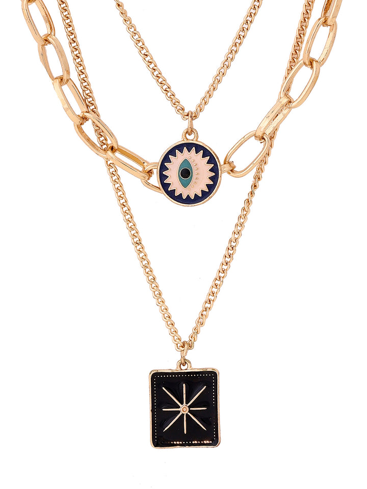 Priyaasi Star Square Evil Eye Three Layered Gold Plated Necklace