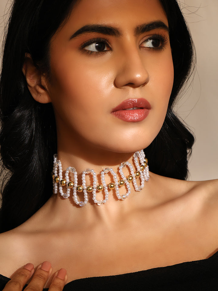 Priyaasi Pearl Goldd Balls Wave Style Gold Plated Chocker Necklace