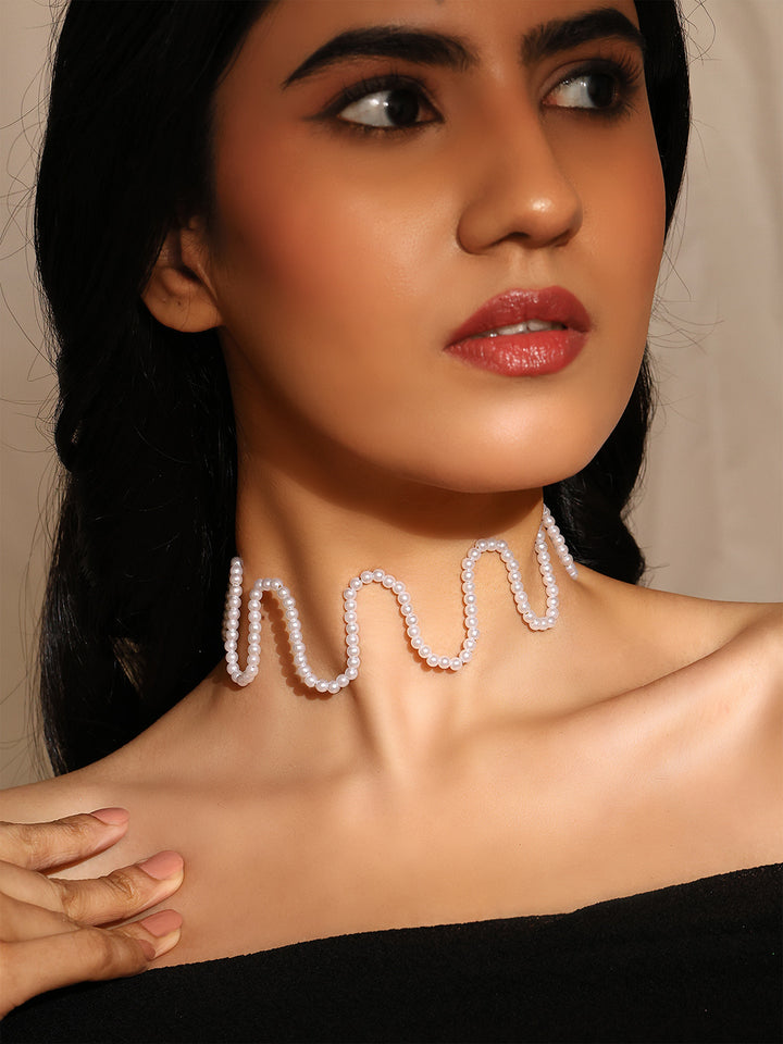 Priyaasi High Toned Pearl Balls Wave Shape Fancy Choker Necklace