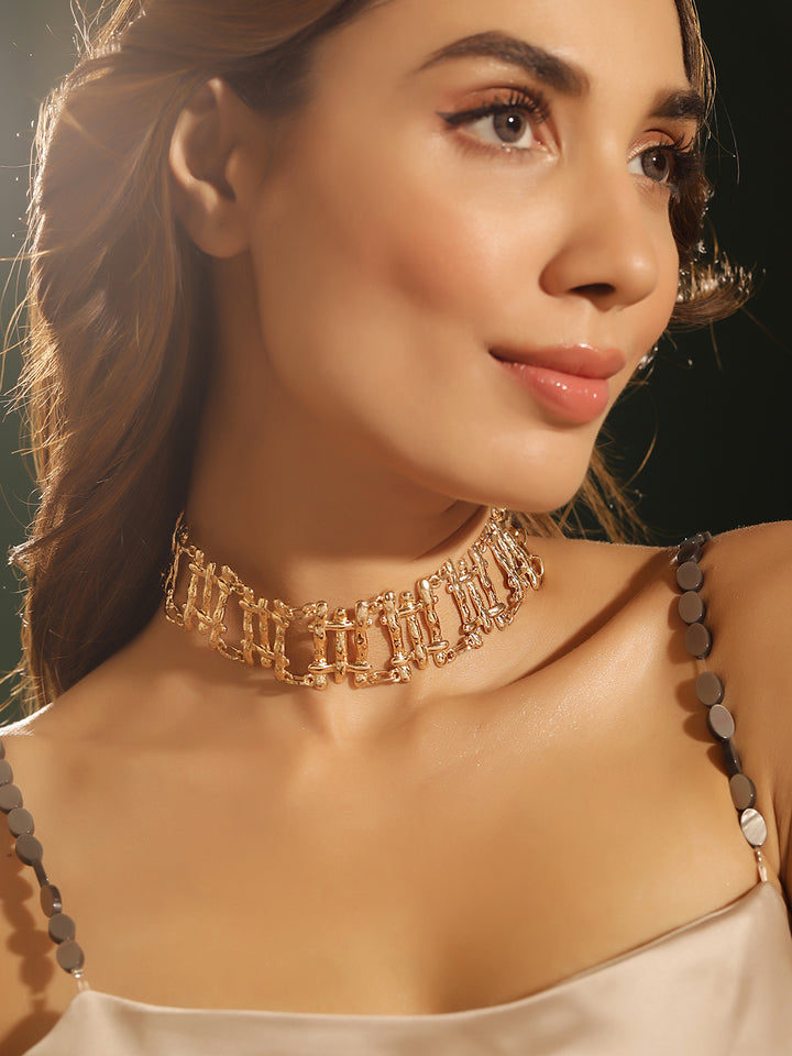 Statement Gold Plated Hammered Style Choker Pattern Necklace