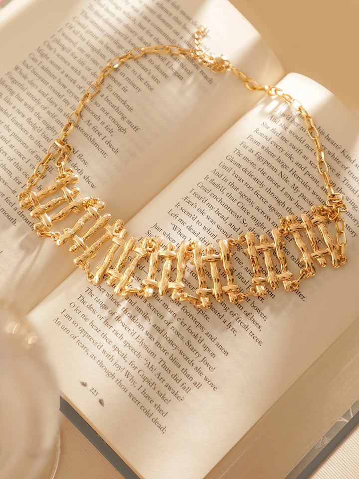 Statement Gold Plated Hammered Style Choker Pattern Necklace