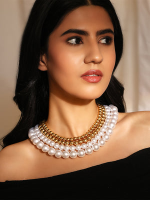 Priyaasi Pearl and Gold Balls Gold Plated Four Layered Necklace