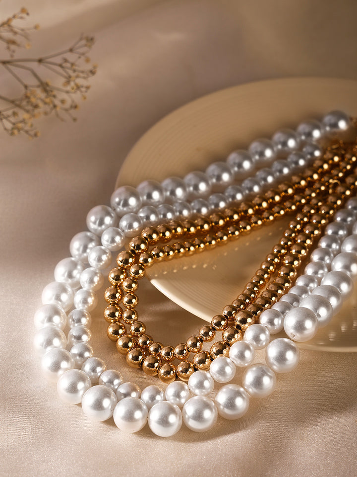 Priyaasi Pearl and Gold Balls Gold Plated Four Layered Necklace