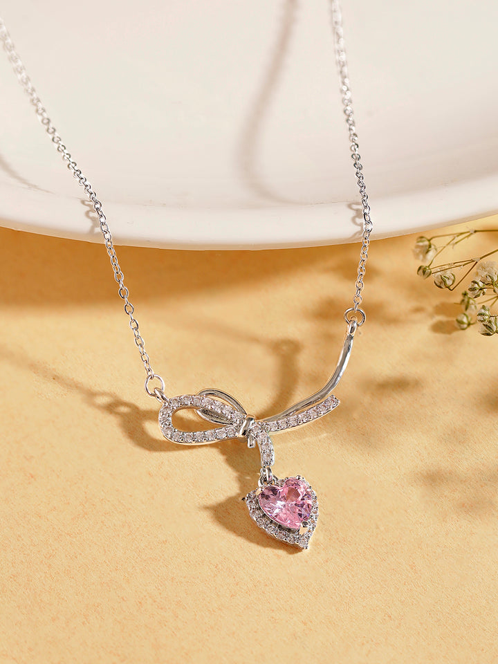 Pink Stoned Heart Shape Bow Elegance Pendant Silver Plated Necklace