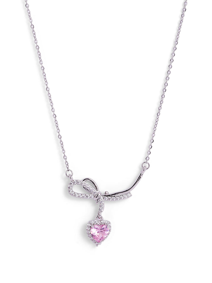 Pink Stoned Heart Shape Bow Elegance Pendant Silver Plated Necklace