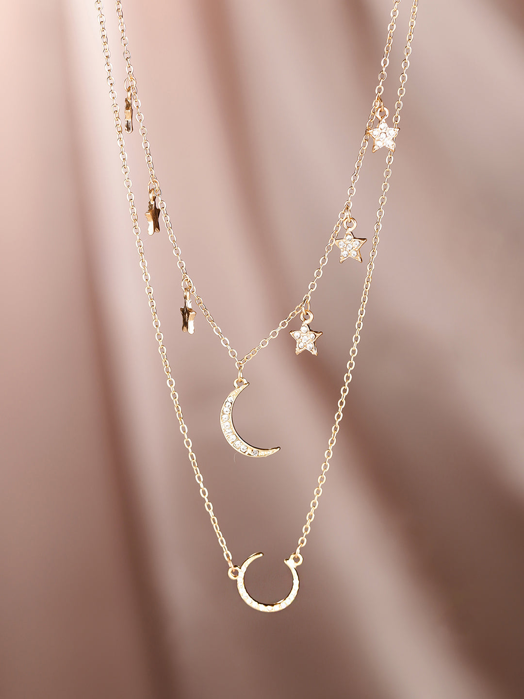 Moon and Stars Pendant Two Layered Gold Plated Chain