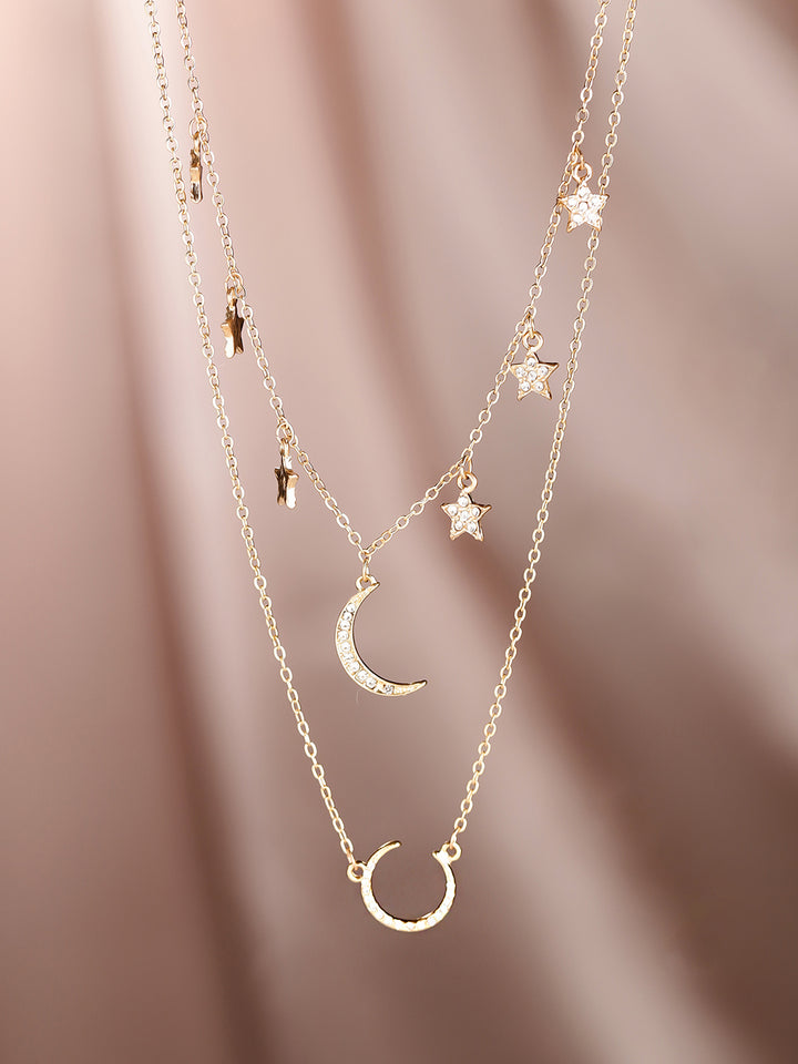 Moon and Stars Pendant Two Layered Gold Plated Chain