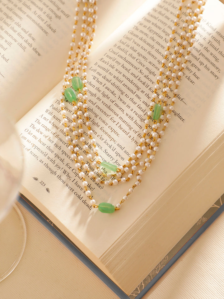 Green Stoned With Pearl Sequenced Gold Plated Statement Layered Chain