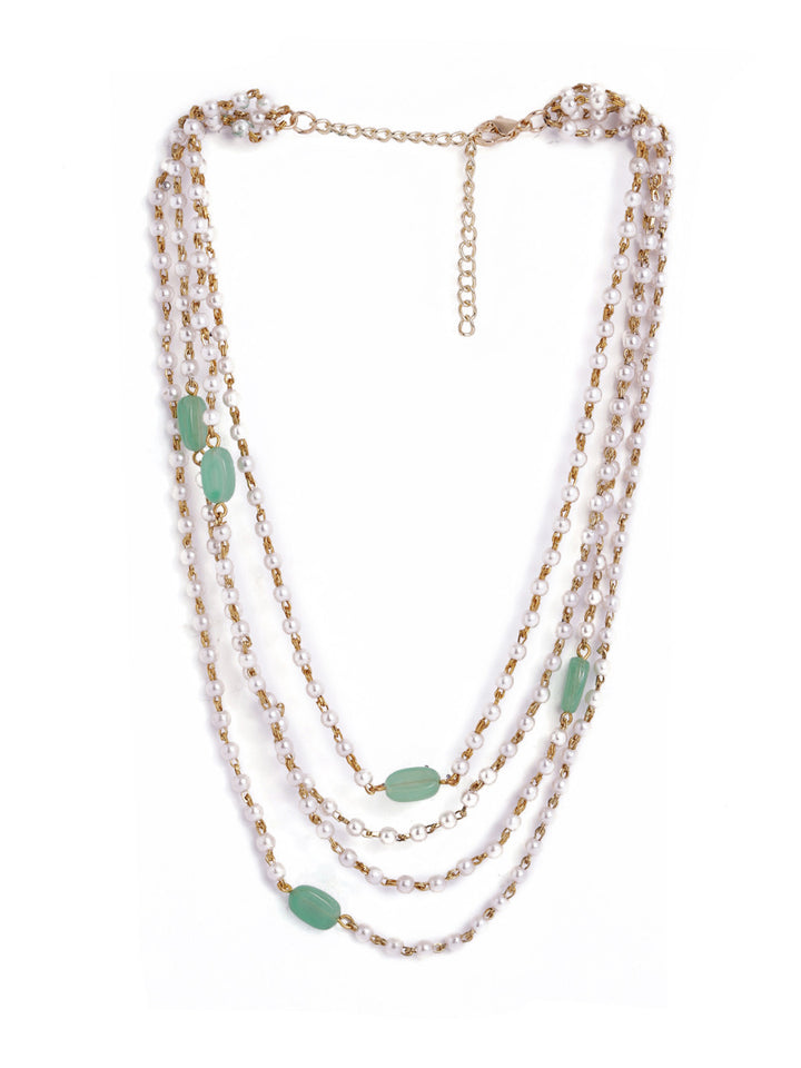 Green Stoned With Pearl Sequenced Gold Plated Statement Layered Chain