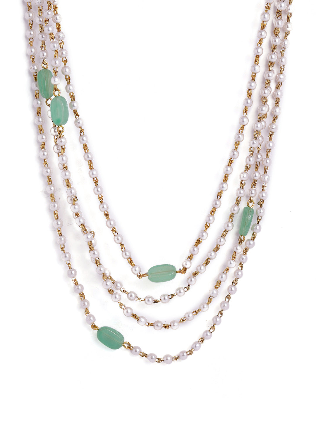 Green Stoned With Pearl Sequenced Gold Plated Statement Layered Chain