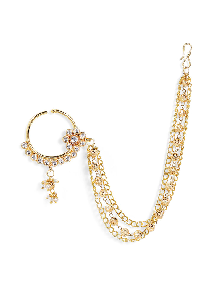 Gold Plated Balls Floral Design Kundan Mini Pearl Elegance Nath/Nosepin with chain