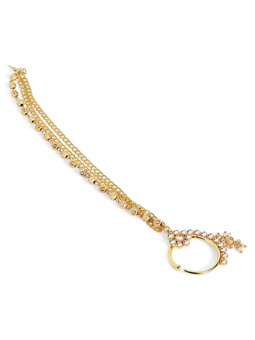 Gold Plated Balls Floral Design Kundan Mini Pearl Elegance Nath/Nosepin with chain