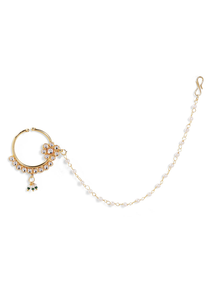 Simple Floral Kundan Pearl Chain Gold Plated Nath/Nosepin/Nose ring