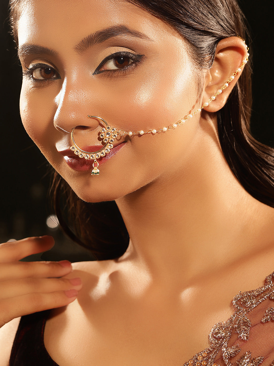 Simple Floral Kundan Pearl Chain Gold Plated Nath/Nosepin/Nose ring