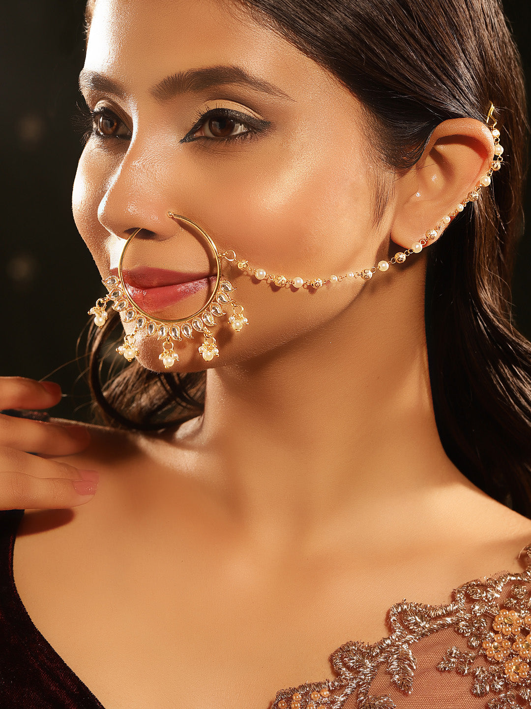 Gold White Balls Sequence Mini Pearl Elegance Gold Plated Nose Ring/ Nose Pin/ Nath