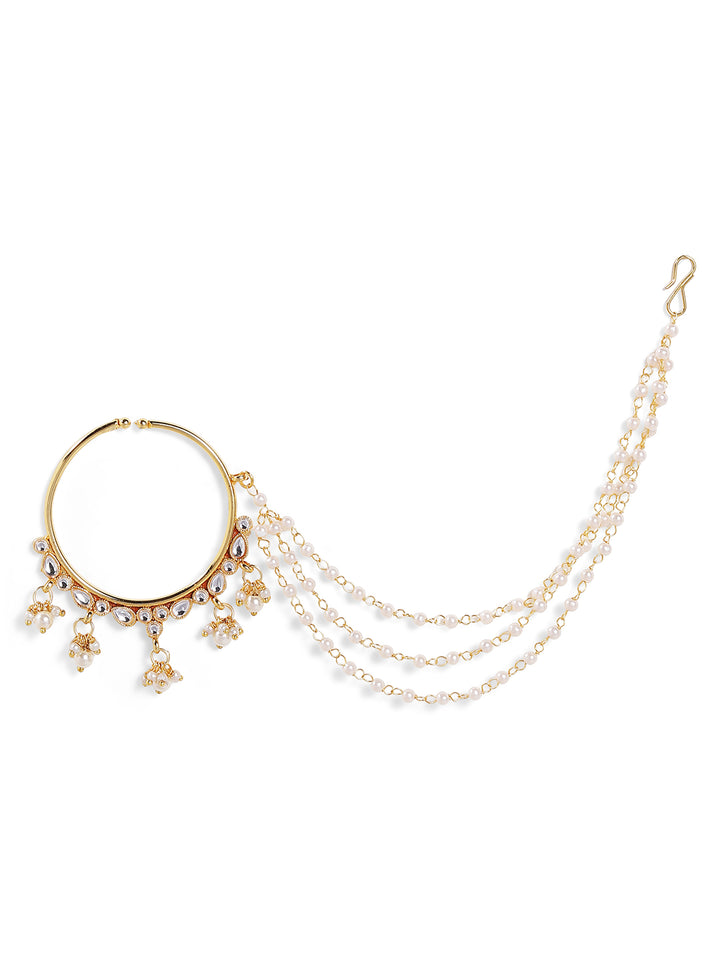 Mini Pearl Elegance Ethnic Design with Pear Beads Layered Gold Plated Chain Nath/Nosepin/Nose Ring