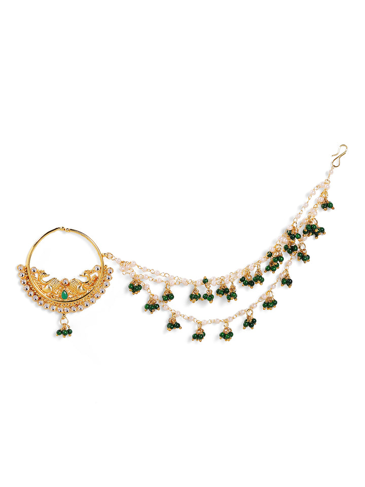 Gold Plated Peacock Design Pearl Green Beads Nose Pin/ Nose Ring/ Nath