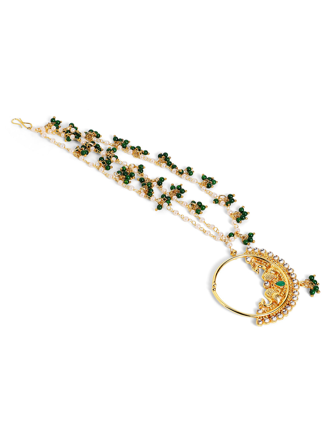 Gold Plated Peacock Design Pearl Green Beads Nose Pin/ Nose Ring/ Nath