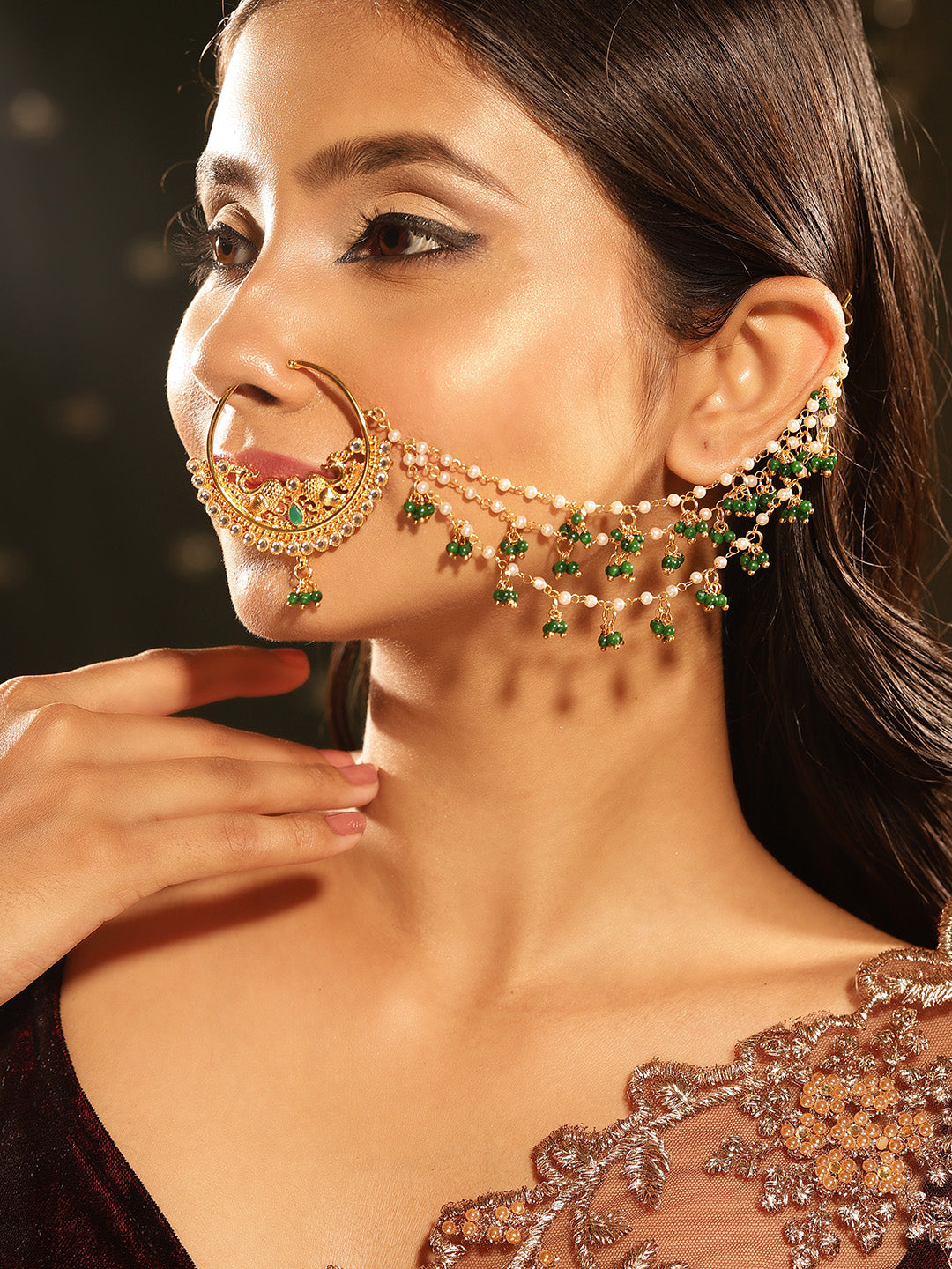 Gold Plated Peacock Design Pearl Green Beads Nose Pin/ Nose Ring/ Nath