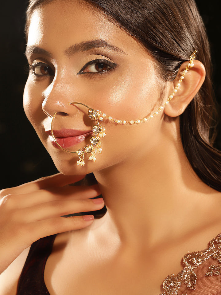 Kundan Mini Pearls Design Nose Ring/ Nose Pin/Nath Gold Plated Elegant Design