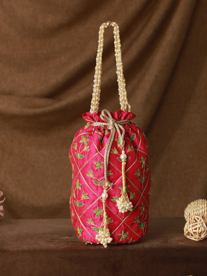 Glam Gota Floral Pink Embroidered Potli Clutch