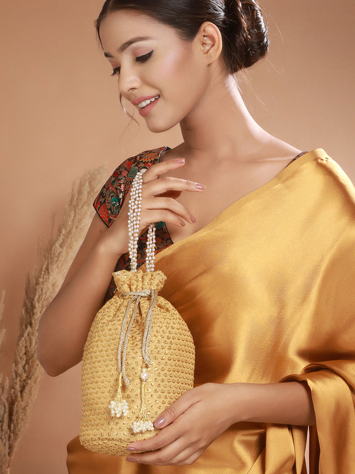 Umang Yellow Embroidered Sequined Potli Clutch