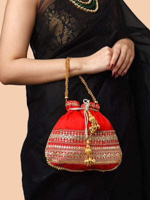 Priyaasi Bright Red Laced Potli Bag