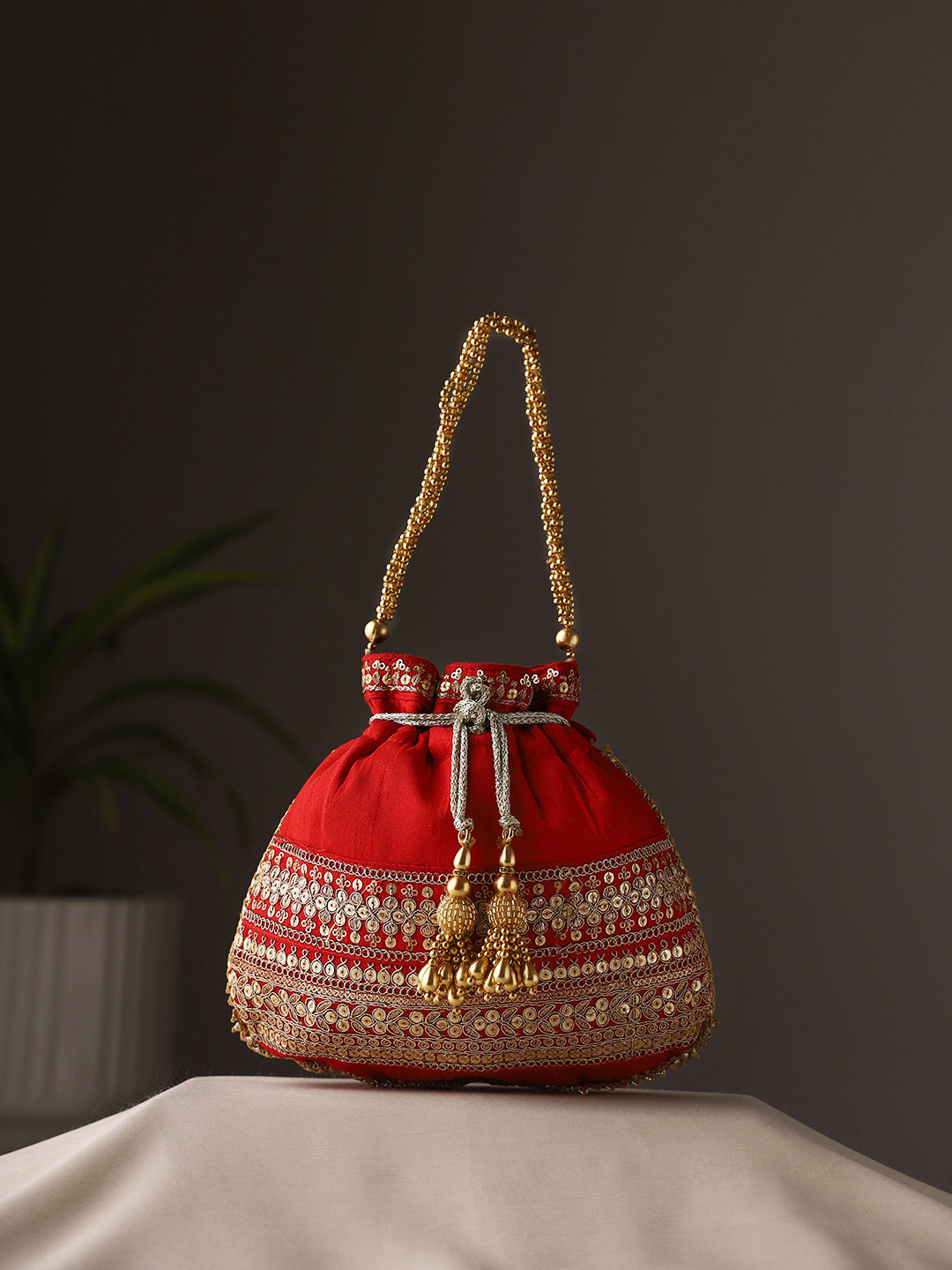Priyaasi Bright Red Laced Potli Bag