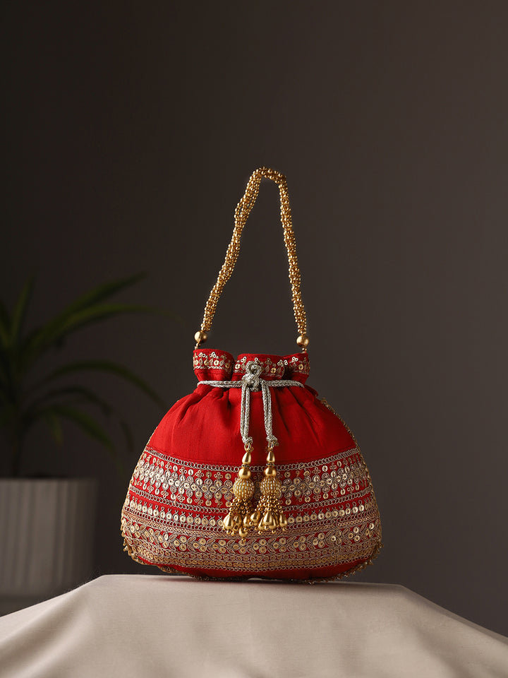 Priyaasi Bright Red Laced Potli Bag