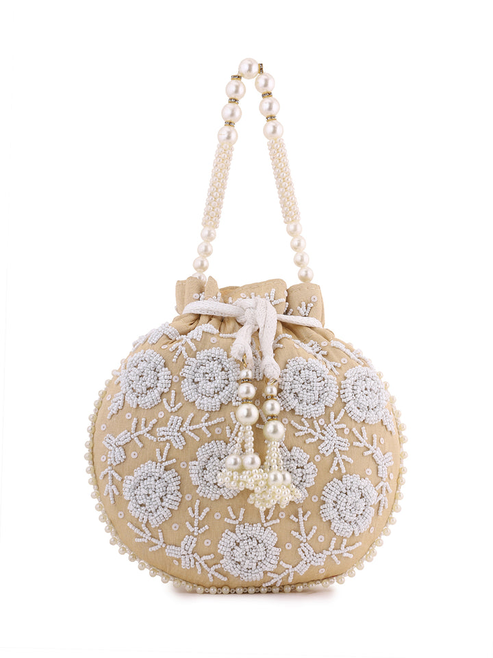 Priyaasi Yellow Pearl Beaded Floral embroidery Design Potli Bag