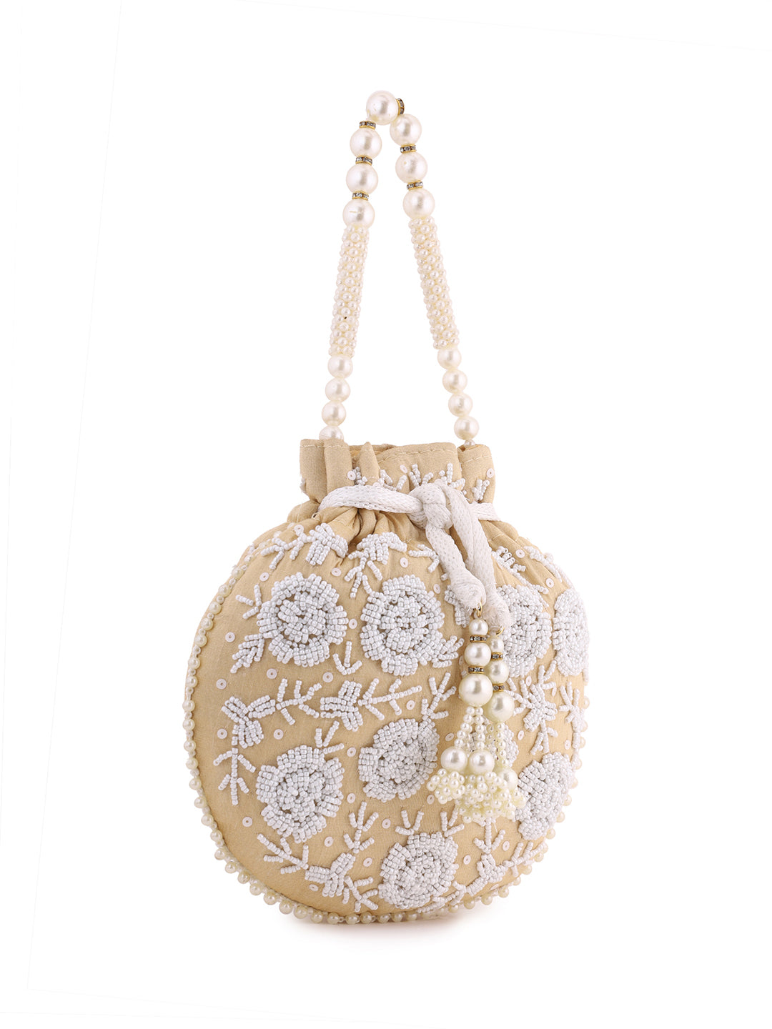 Priyaasi Yellow Pearl Beaded Floral embroidery Design Potli Bag