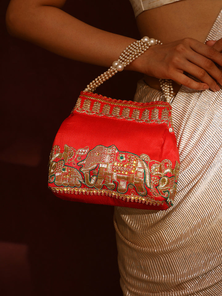 Priyaasi Red Wedding Pattern Gold Thread Designary Potli Bag