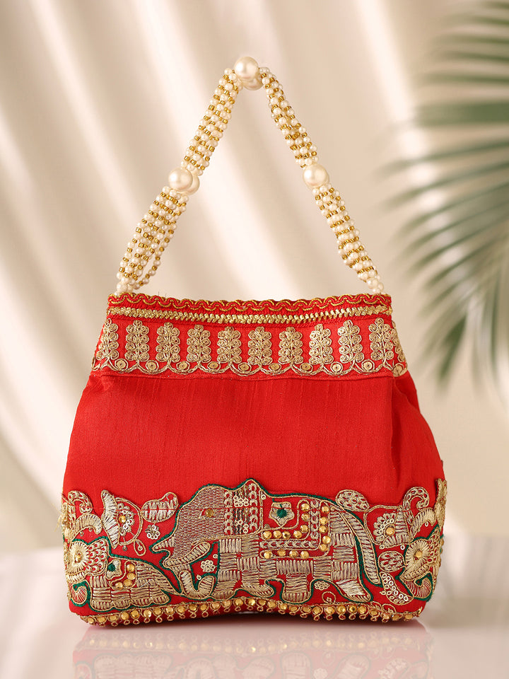 Priyaasi Red Wedding Pattern Gold Thread Designary Potli Bag