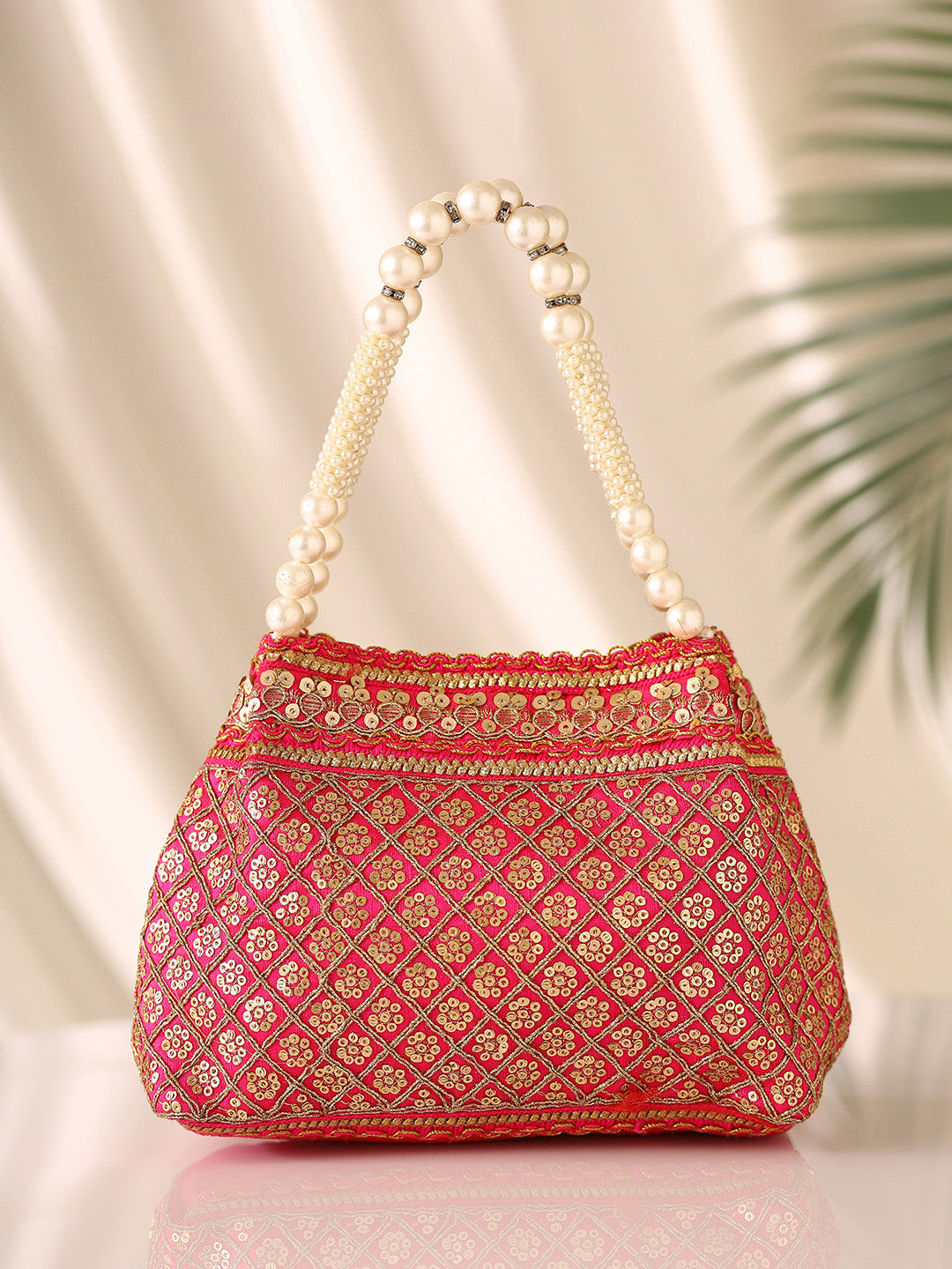 Priyaasi Simple Rani Pink Gold Design Potli Bag