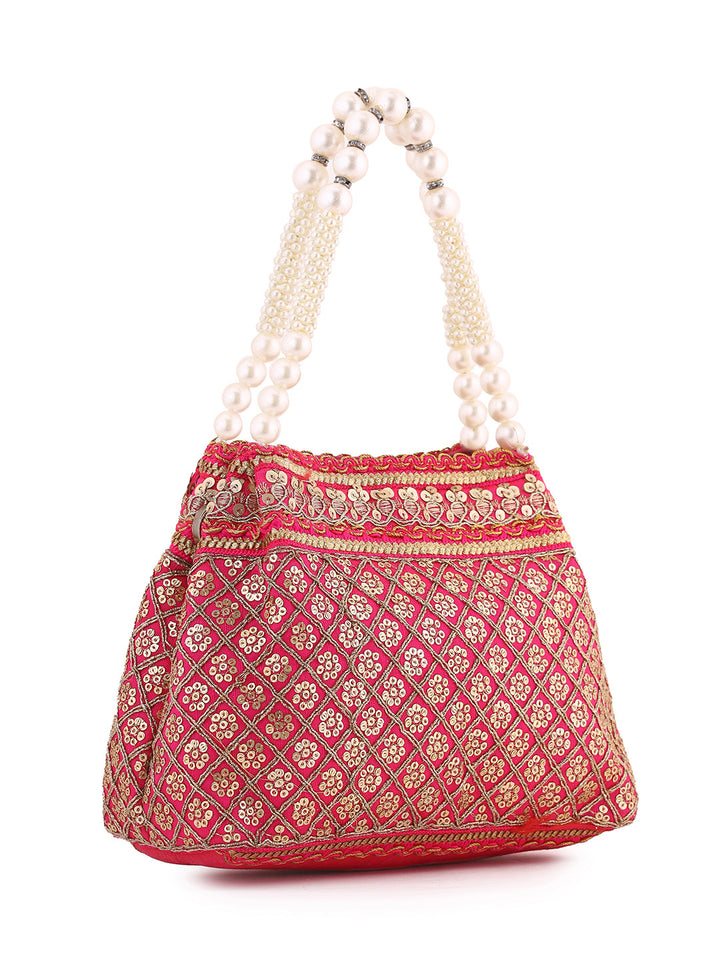 Priyaasi Simple Rani Pink Gold Design Potli Bag