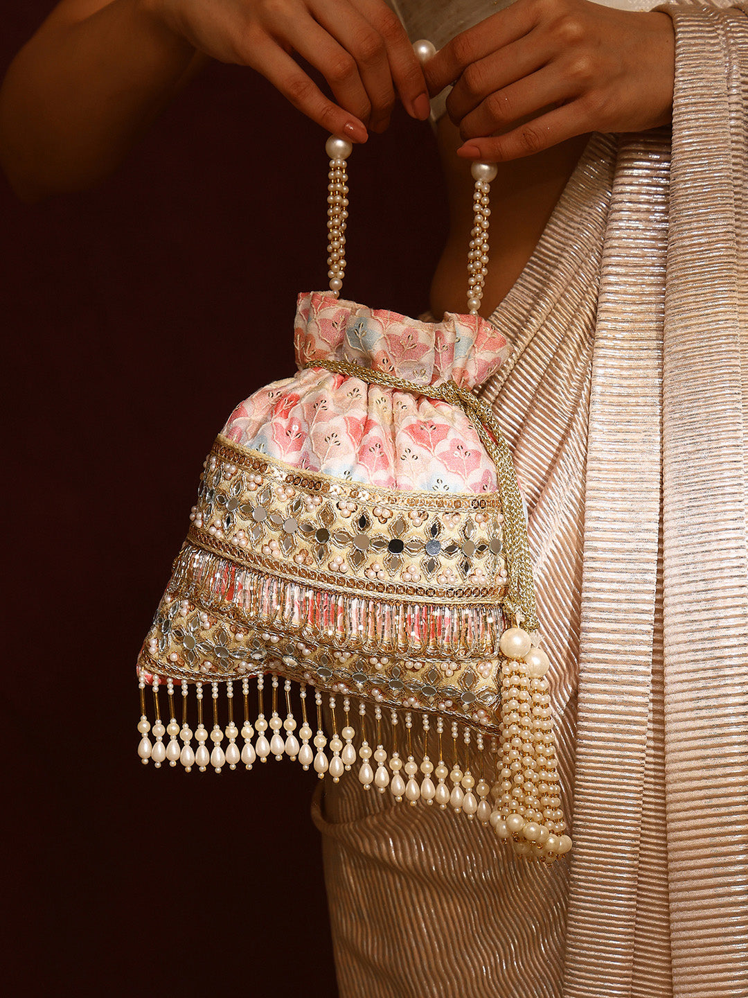Priyaasi Elegant Baby Pink Pearl Design Tassels Potli Bag