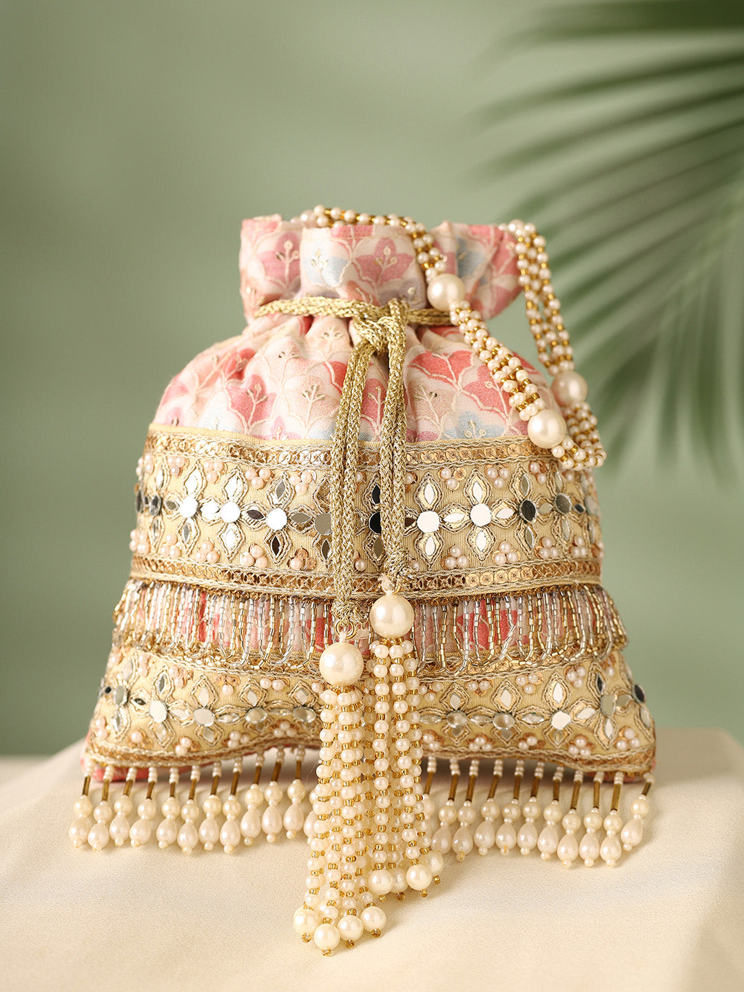 Priyaasi Elegant Baby Pink Pearl Design Tassels Potli Bag