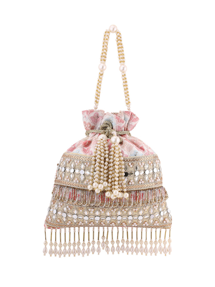 Priyaasi Elegant Baby Pink Pearl Design Tassels Potli Bag