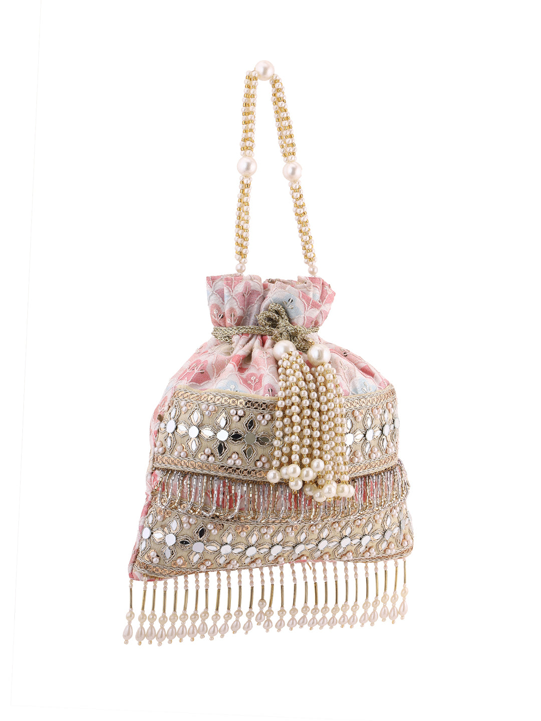 Priyaasi Elegant Baby Pink Pearl Design Tassels Potli Bag