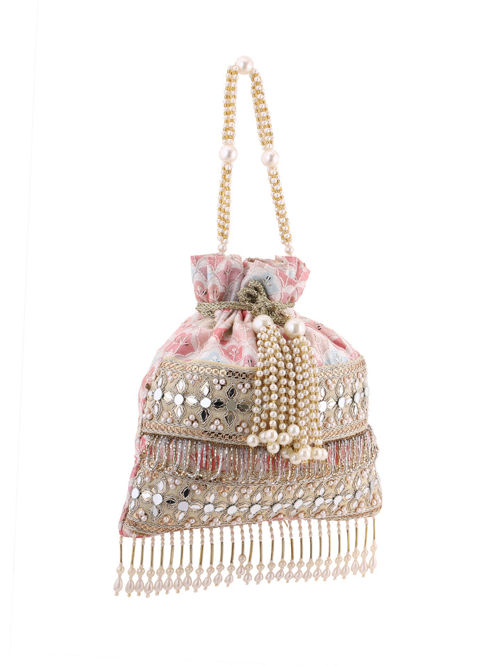 Priyaasi Elegant Baby Pink Pearl Design Tassels Potli Bag